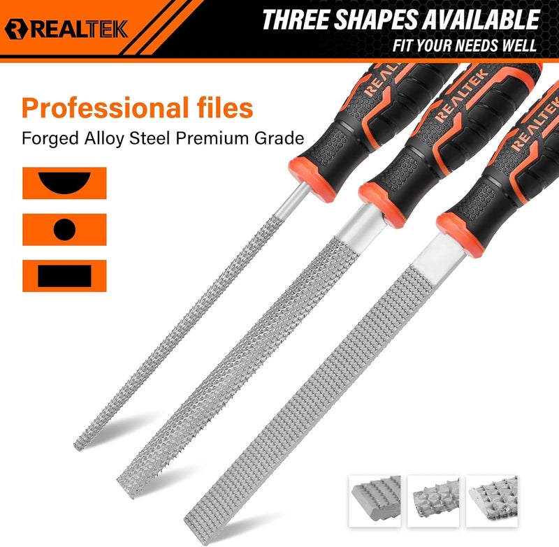 REALTEK 3-Piece 12" Wood Rasp File Set with 4" Longer Rubber Grip, T12 High Carbon Wood File Set for Woodworking, Flat/Half Round/Round Perfect Files for Wood Manual Cutting and Sharping - Image 3